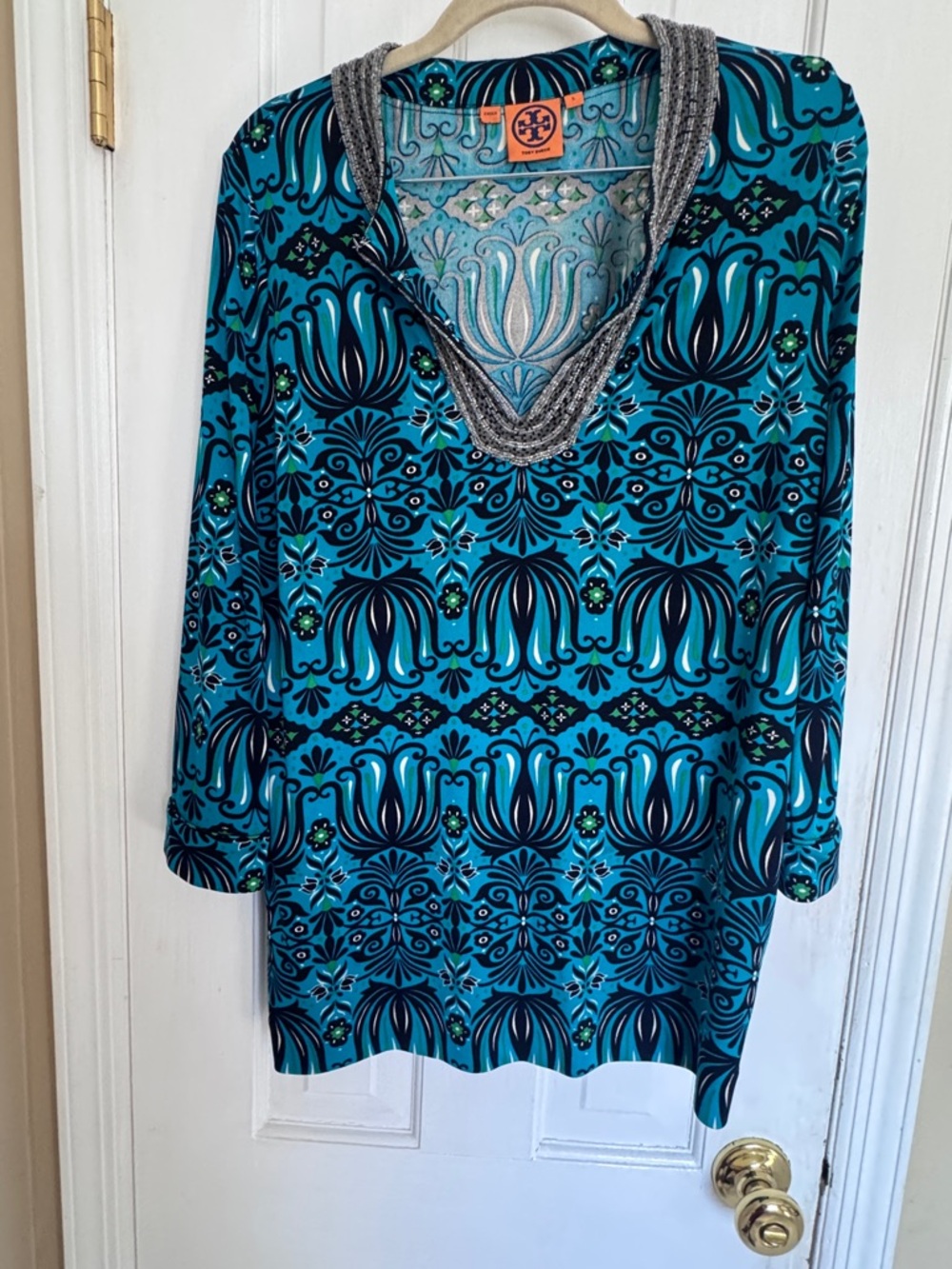 Tory Burch Teal and Navy Printed V-Neck Tunic
